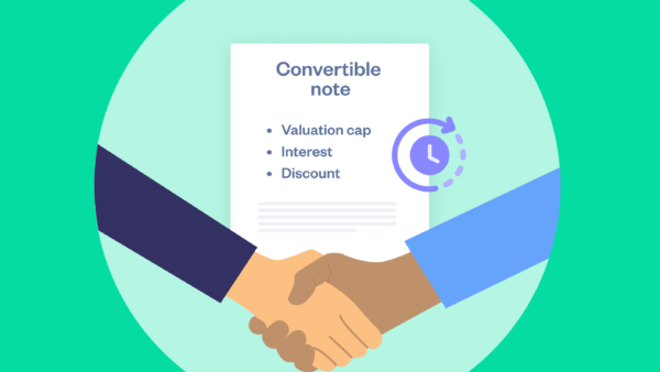 Image depicting a convertible loan agreement. Handshake over a document with the terms valuation cap, discount and interest