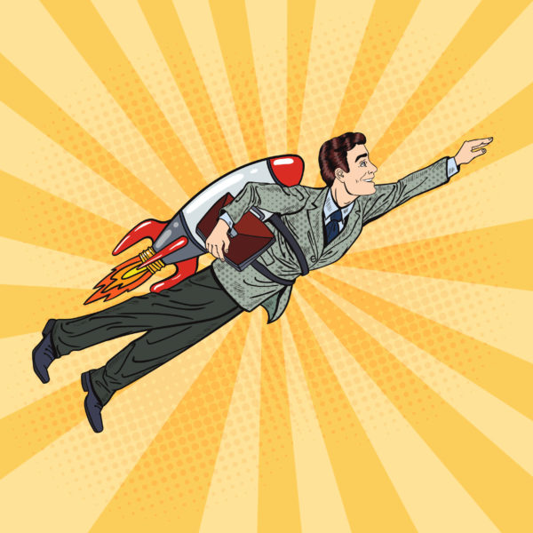 Pop art image of a man in a suit with a rocket jet-pack