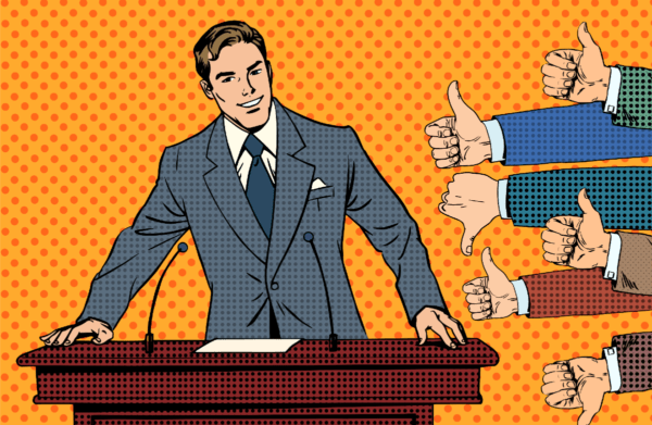 Pop art image of a businessman making a speech, with thumbs up and thumbs down