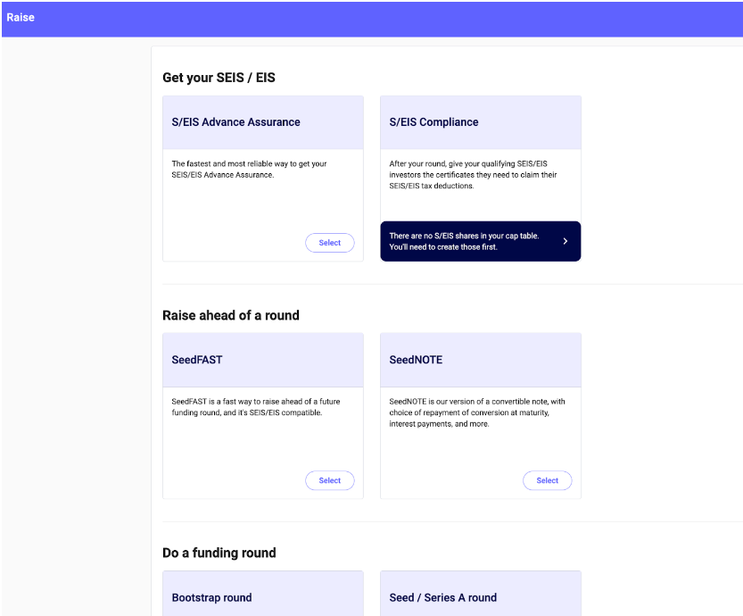 Screenshot of Seedlegals Raise