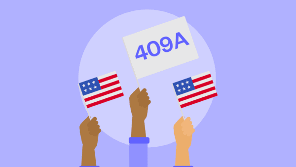 Hands holding American flags and one holding a flag that reads 409A