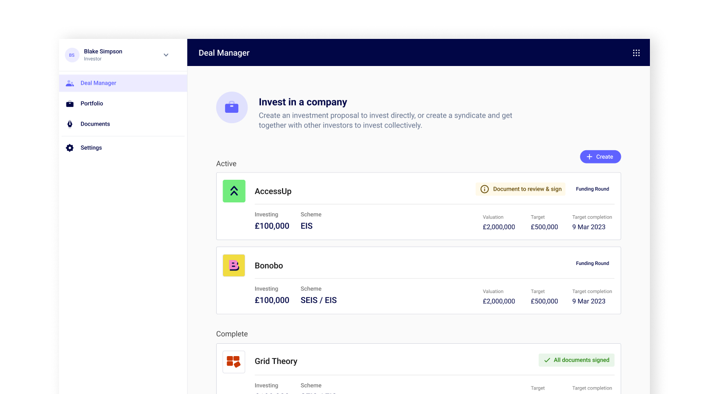 Screenshot of SeedLegals platform showing Deal Manager