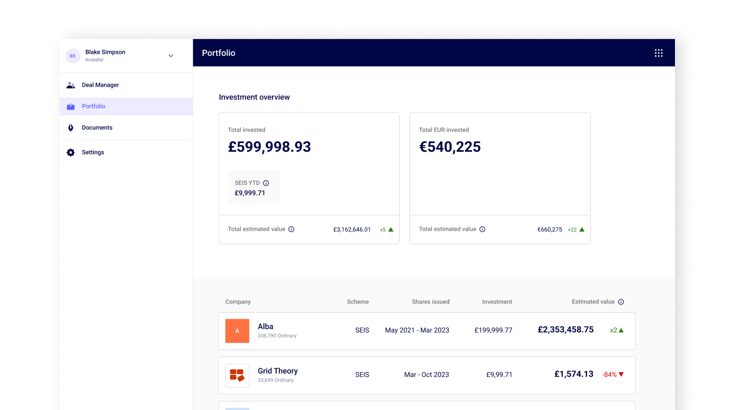 Screenshot of SeedLegals platform showing the Portfolio view, where you can see the details of all your investments on SeedLegals