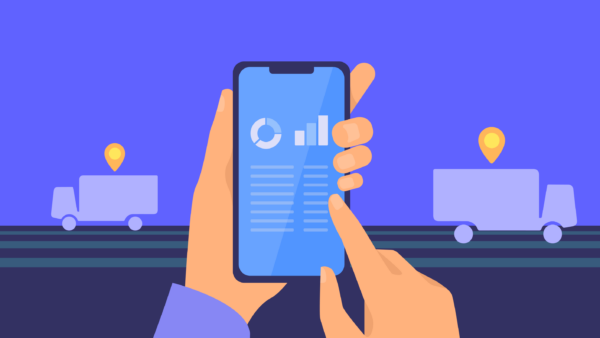 Graphic design of hands holding a phone with a blue screen and a dark blue background that features lilac transportation lorries