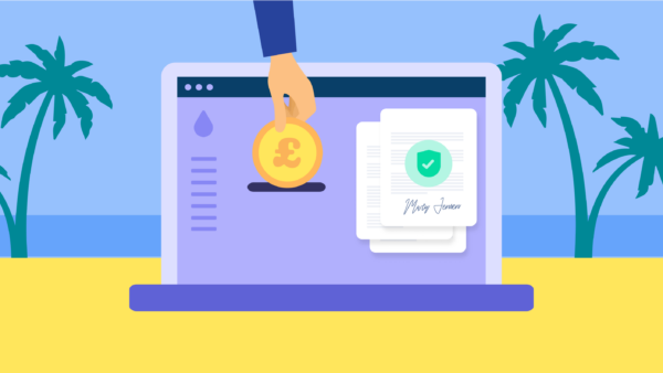 Graphic of a laptop on a beach showing SeedLegals documents and the arm of an investor holding a golden coin